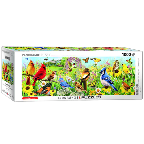 Panoramic 1000-piece puzzle depicting a colorful variety of backyard birds amidst flowers, greenery, and butterflies, crafted from recycled chip board with vegetable-based inks.