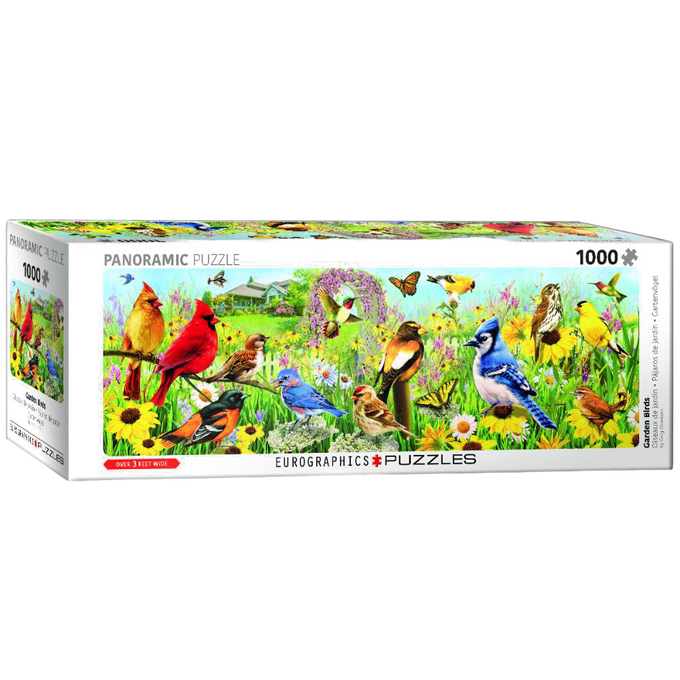 Panoramic 1000-piece puzzle depicting a colorful variety of backyard birds amidst flowers, greenery, and butterflies, crafted from recycled chip board with vegetable-based inks.