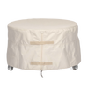 Weather-resistant ripstop fabric cover in light beige with full-length zipper and secure velcro straps, designed for protecting fire bowls, ideal for camping and outdoor use.