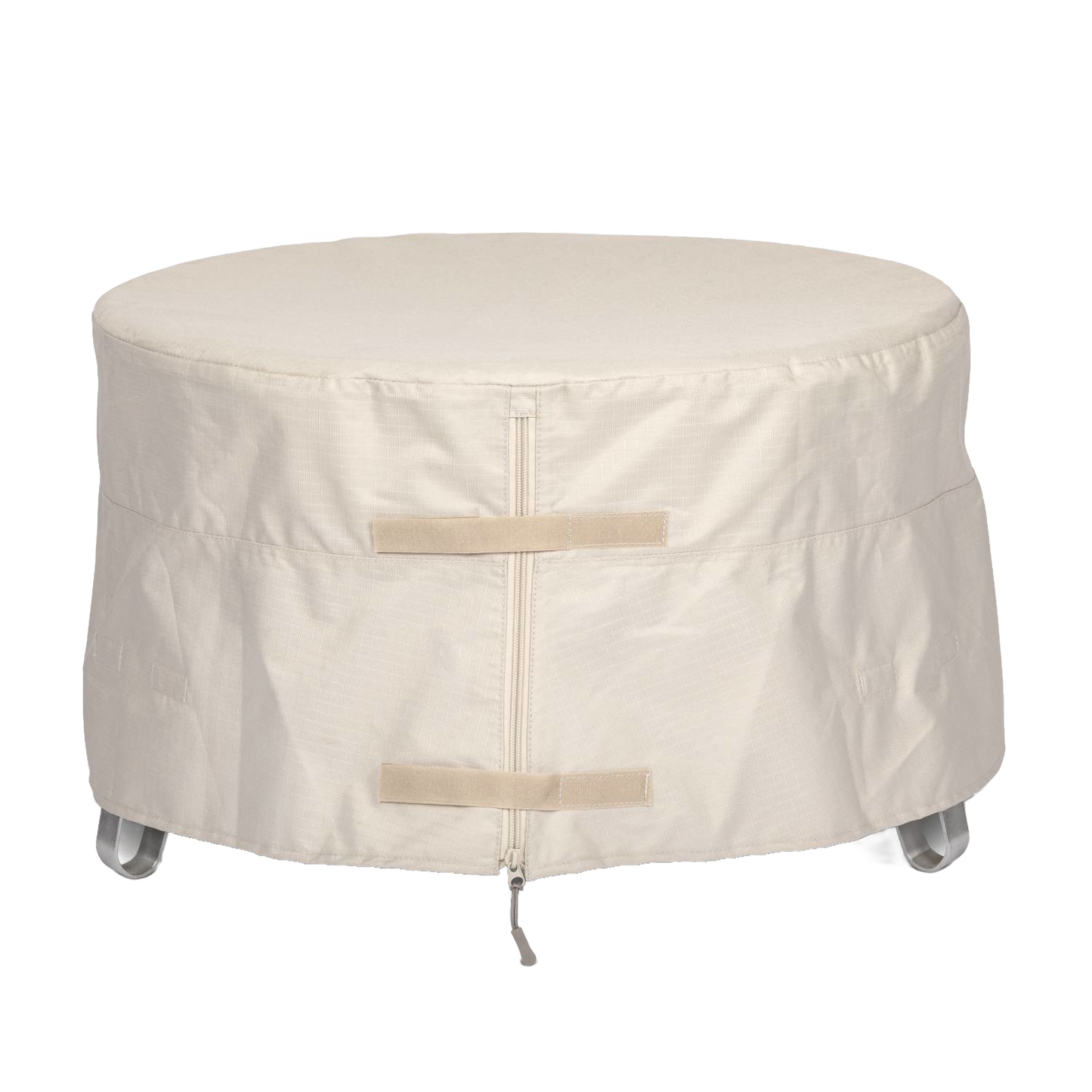 Weather-resistant ripstop fabric cover in light beige with full-length zipper and secure velcro straps, designed for protecting fire bowls, ideal for camping and outdoor use.