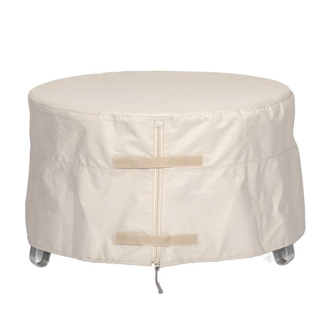 Weather-resistant ripstop fabric cover in light beige with full-length zipper and secure velcro straps, designed for protecting fire bowls, ideal for camping and outdoor use.