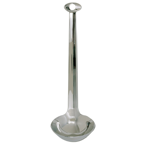Compact stainless steel sauce ladle with a sleek handle featuring an oval grip hole, ideal for serving gravies, soups, and sauces in Kitchen & Food and Storage and Serving collections.