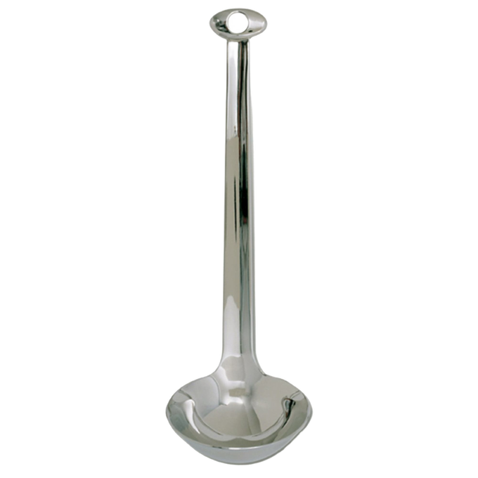 Compact stainless steel sauce ladle with a sleek handle featuring an oval grip hole, ideal for serving gravies, soups, and sauces in Kitchen & Food and Storage and Serving collections.
