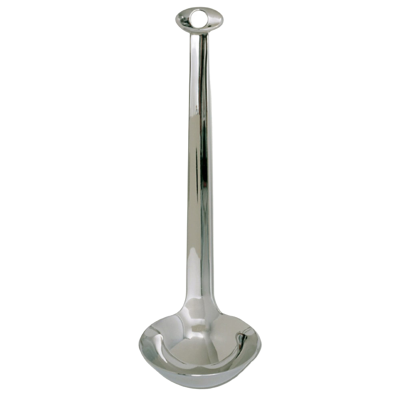Compact stainless steel sauce ladle with a sleek handle featuring an oval grip hole, ideal for serving gravies, soups, and sauces in Kitchen & Food and Storage and Serving collections.