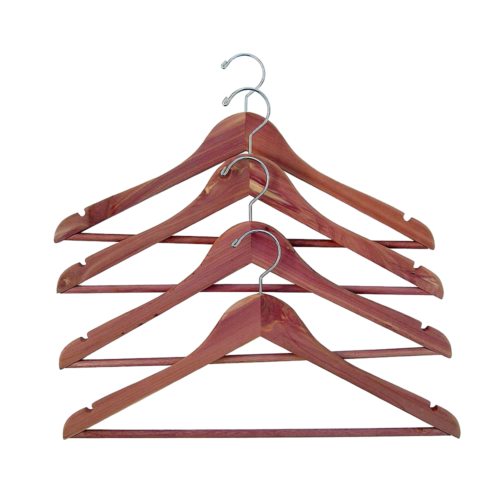 Set of four eco-friendly cedar wood hangers with contoured notched shoulders and fixed horizontal bars, naturally repelling moths, featured in Home & Decor, Laundry Supplies, and Best Sellers collections.