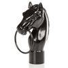 Glossy black cast iron horse head with a sturdy metal ring in its mouth, designed as a functional hitching post for rustic home and garden decor in Farm, Garden & Tool and Best Sellers collections.