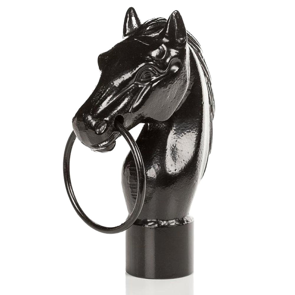 Glossy black cast iron horse head with a sturdy metal ring in its mouth, designed as a functional hitching post for rustic home and garden decor in Farm, Garden & Tool and Best Sellers collections.