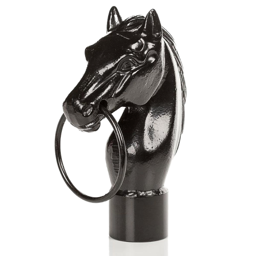 Glossy black cast iron horse head with a sturdy metal ring in its mouth, designed as a functional hitching post for rustic home and garden decor in Farm, Garden & Tool and Best Sellers collections.
