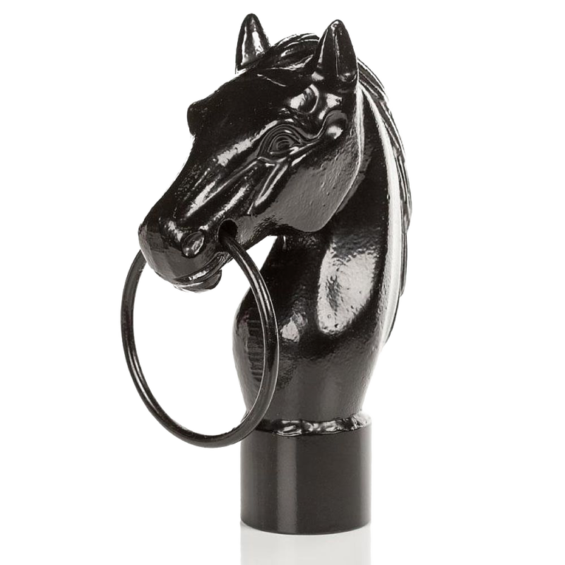 Glossy black cast iron horse head with a sturdy metal ring in its mouth, designed as a functional hitching post for rustic home and garden decor in Farm, Garden & Tool and Best Sellers collections.