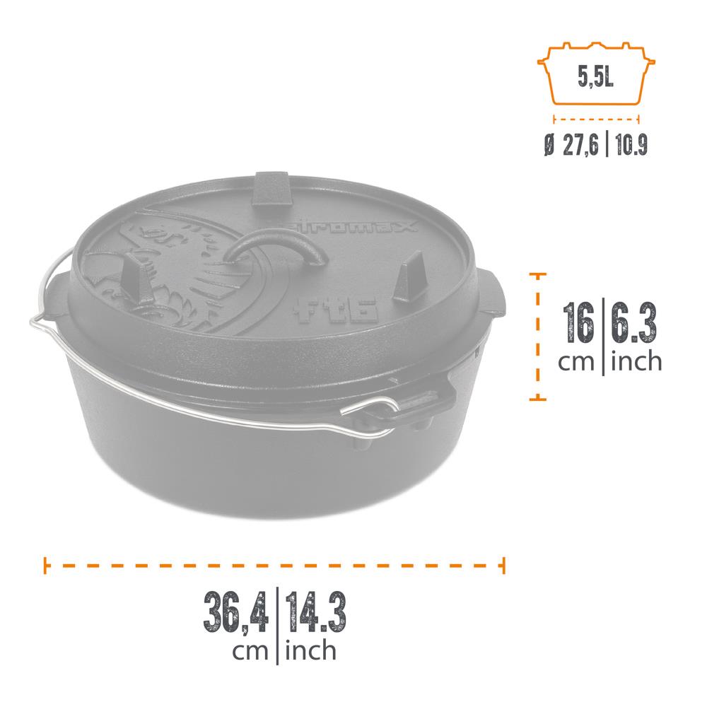 Handcrafted Petromax cast iron Dutch oven with flat base and embossed lid featuring a dragon design, equipped with a metal bail handle, ideal for Kitchen & Food, Cookware, Cast Iron collections.
