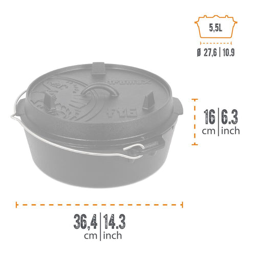 Handcrafted Petromax cast iron Dutch oven with flat base and embossed lid featuring a dragon design, equipped with a metal bail handle, ideal for Kitchen & Food, Cookware, Cast Iron collections.