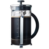 Clear glass French press coffee maker filled with dark brewed coffee, featuring a black handle and stainless steel plunger, ideal for Kitchen & Food and Brewing Coffee collections.