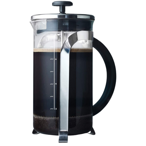 Clear glass French press coffee maker filled with dark brewed coffee, featuring a black handle and stainless steel plunger, ideal for Kitchen & Food and Brewing Coffee collections.