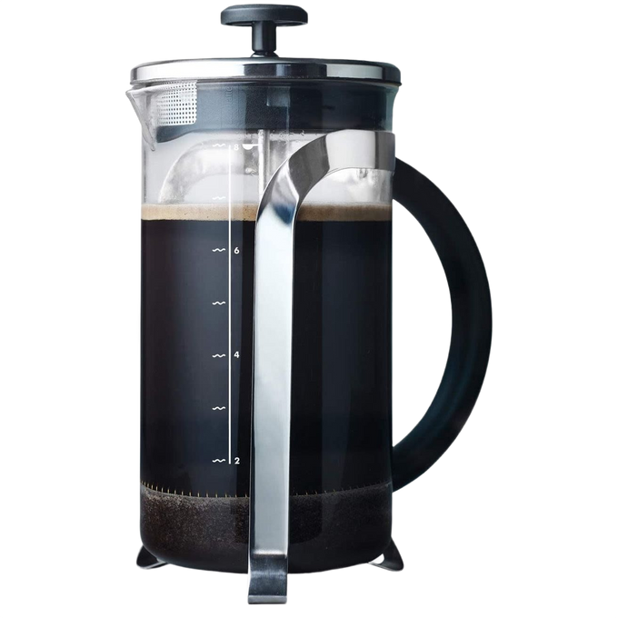 Clear glass French press coffee maker filled with dark brewed coffee, featuring a black handle and stainless steel plunger, ideal for Kitchen & Food and Brewing Coffee collections.