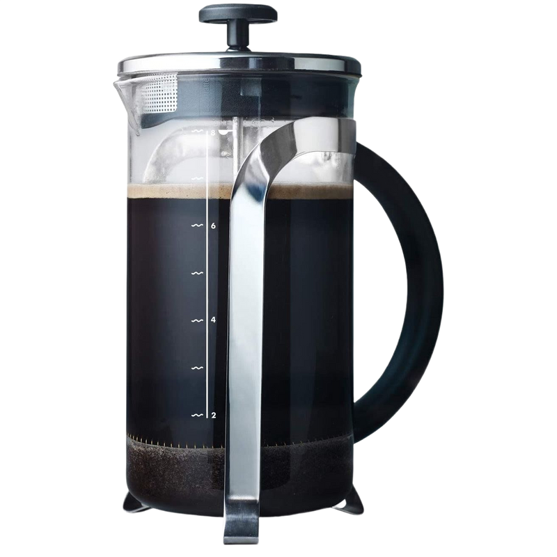 Clear glass French press coffee maker filled with dark brewed coffee, featuring a black handle and stainless steel plunger, ideal for Kitchen & Food and Brewing Coffee collections.