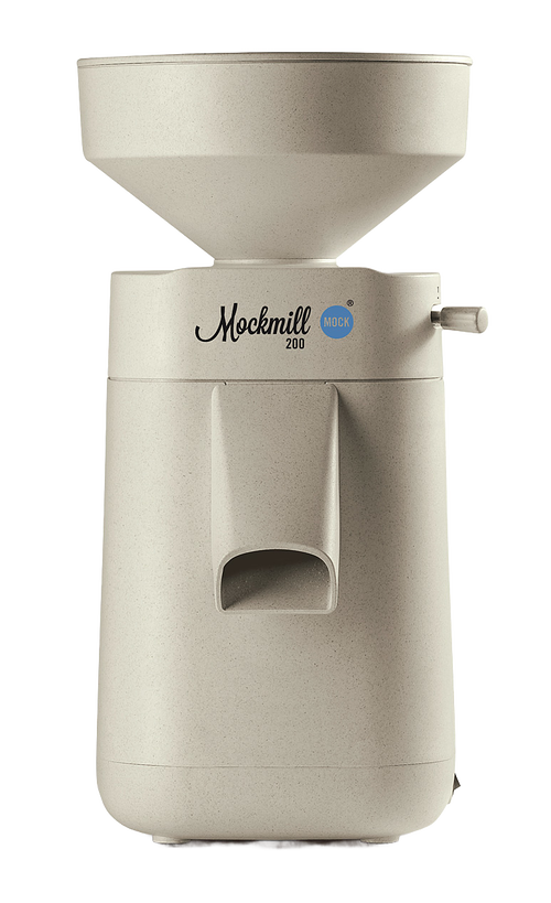 Electric stone grain mill in a smooth beige finish with a wide hopper and compact design, part of Kitchen & Food, Grain Mills, Best Sellers, and New collections.