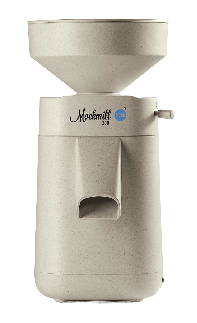 Electric stone grain mill in a smooth beige finish with a wide hopper and compact design, part of Kitchen & Food, Grain Mills, Best Sellers, and New collections.