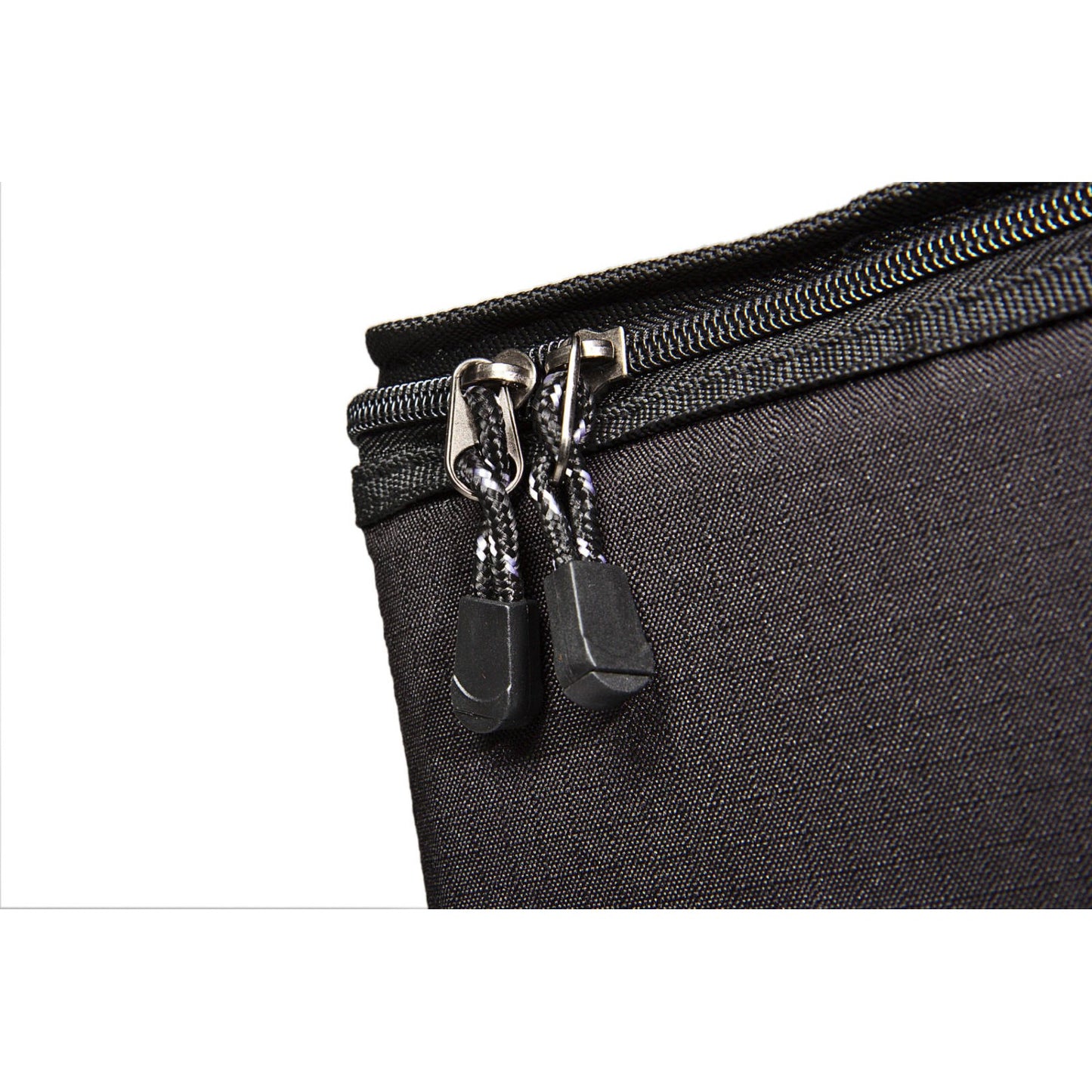 Close-up of durable black ripstop fabric with dual zipper pulls on a padded transport bag designed for secure storage and easy carrying, ideal for camping and outdoor use.