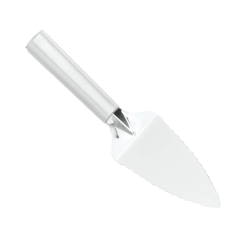 Handcrafted stainless steel serrated pie server with ergonomic handle, designed for easy serving of pies, cakes, and quiches, featured in Kitchen & Food, Storage and Serving, USA Made, Best Sellers, and Promo Eligible collections.