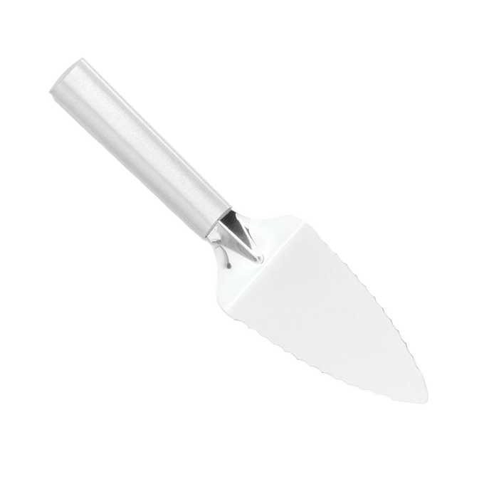 Handcrafted stainless steel serrated pie server with ergonomic handle, designed for easy serving of pies, cakes, and quiches, featured in Kitchen & Food, Storage and Serving, USA Made, Best Sellers, and Promo Eligible collections.