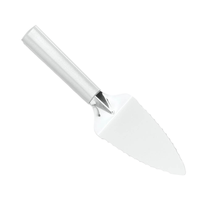 Handcrafted stainless steel serrated pie server with ergonomic handle, designed for easy serving of pies, cakes, and quiches, featured in Kitchen & Food, Storage and Serving, USA Made, Best Sellers, and Promo Eligible collections.