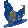 Blue metal gravity-operated poultry egg scale shaped like a hen with color-coded weight grading chart in ounces and grams, designed for Farm, Garden & Tool and Animal Care collections.