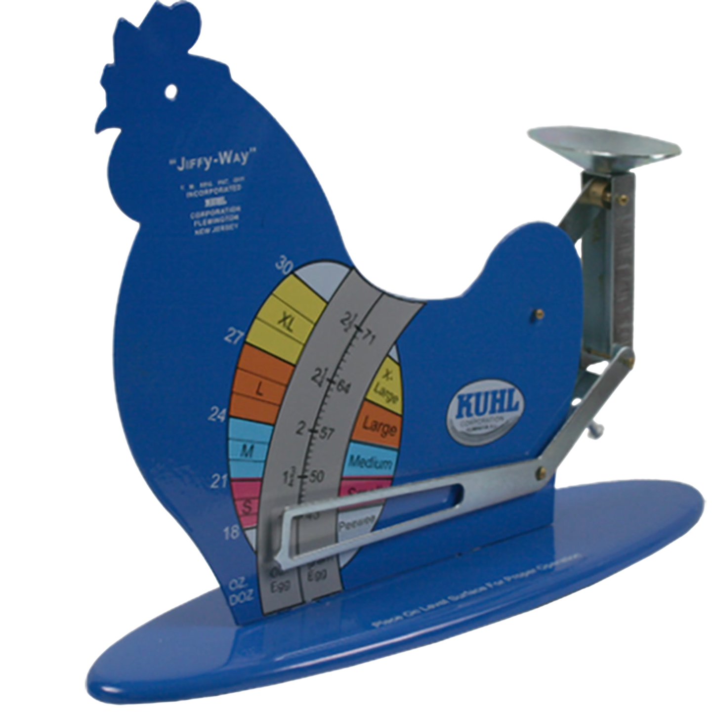 Blue metal gravity-operated poultry egg scale shaped like a hen with color-coded weight grading chart in ounces and grams, designed for Farm, Garden & Tool and Animal Care collections.
