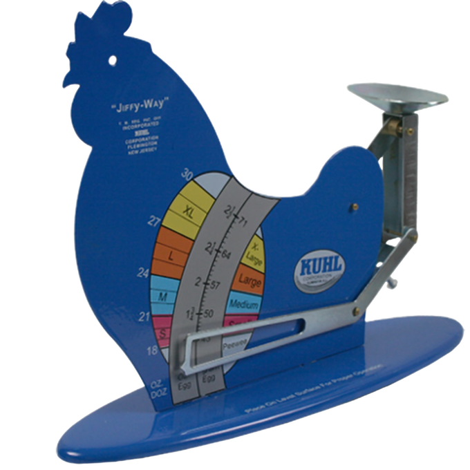 Blue metal gravity-operated poultry egg scale shaped like a hen with color-coded weight grading chart in ounces and grams, designed for Farm, Garden & Tool and Animal Care collections.