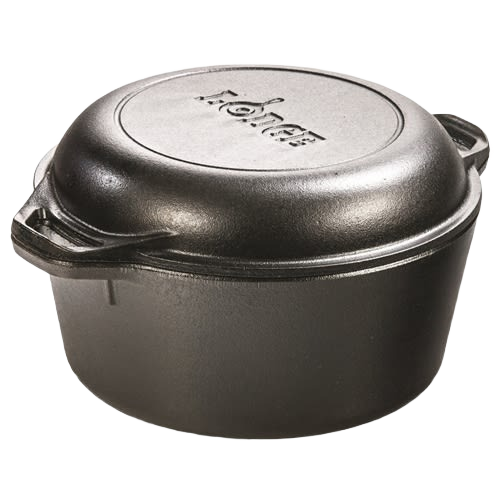 Heavy-duty cast iron double Dutch oven with a 5-quart capacity and extra deep lid usable as a skillet, handcrafted and made in USA, ideal for Kitchen & Food and Cookware collections.