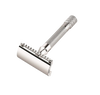 Handcrafted chrome-plated safety razor with textured handle for secure grip, designed for easy blade replacement and featured in Health & Wellness, Grooming and Personal Hygiene, Best Sellers, and Promo Eligible collections.