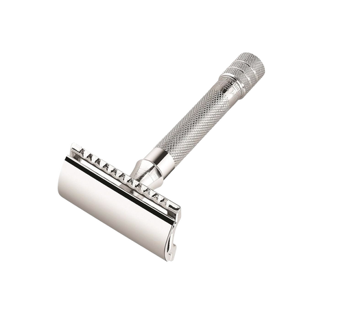 Handcrafted chrome-plated safety razor with textured handle for secure grip, designed for easy blade replacement and featured in Health & Wellness, Grooming and Personal Hygiene, Best Sellers, and Promo Eligible collections.