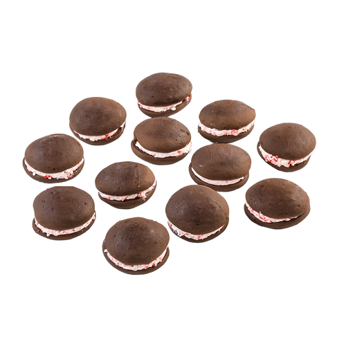 Twelve handcrafted chocolate whoopie pies with fluffy peppermint cream filling, made in the USA, perfect for Kitchen & Food, Snacks and Sweets, and Best Sellers collections.