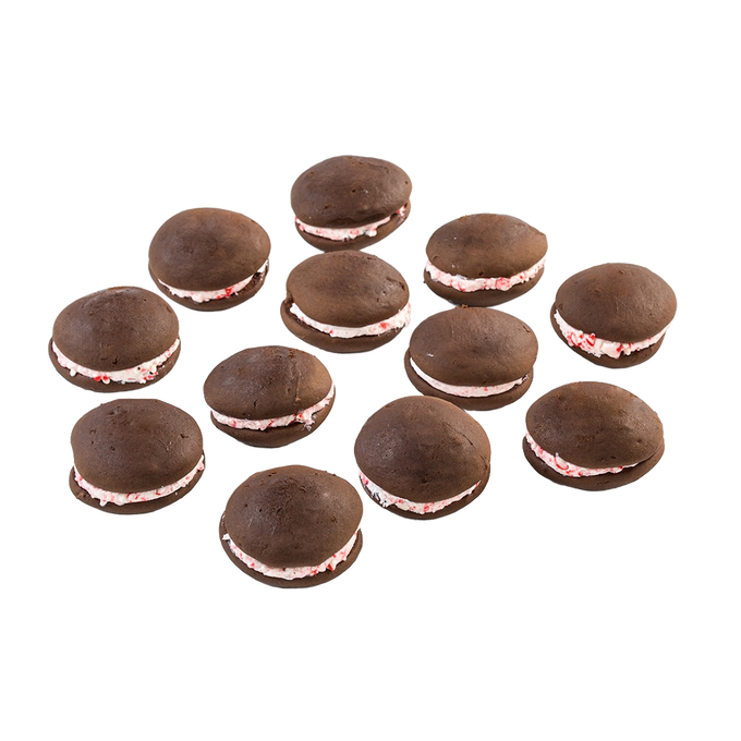 Twelve handcrafted chocolate whoopie pies with fluffy peppermint cream filling, made in the USA, perfect for Kitchen & Food, Snacks and Sweets, and Best Sellers collections.