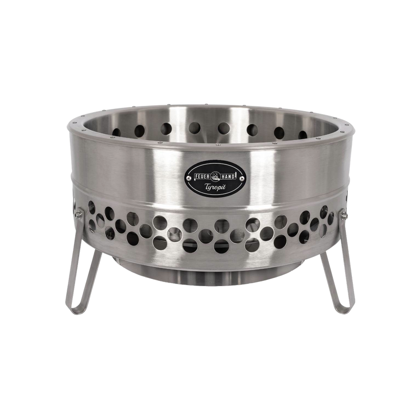 Stainless steel fire bowl with perforated double-wall design and sturdy legs for low-smoke campfires, featured in Farm, Garden & Tool, Camping, and Best Sellers collections.