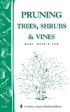 Cover of a gardening how-to booklet with green illustrations of tools and text about pruning trees, shrubs, and vines, part of a popular home and garden book collection.
