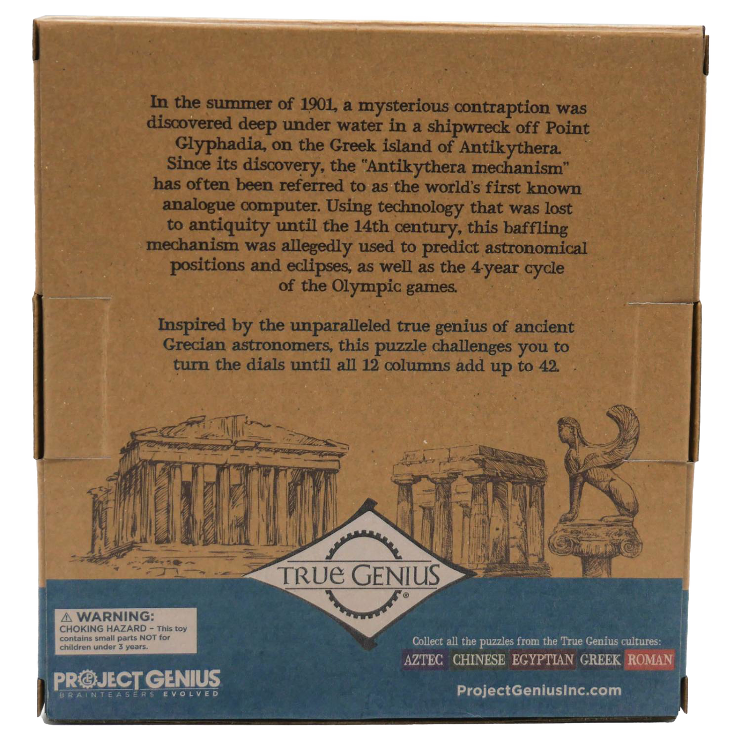 Cardboard packaging featuring detailed text about the Grecian Computer brainteaser puzzle with ancient Greek temple illustrations, designed for Toys, Books & Games and Puzzles collections.
