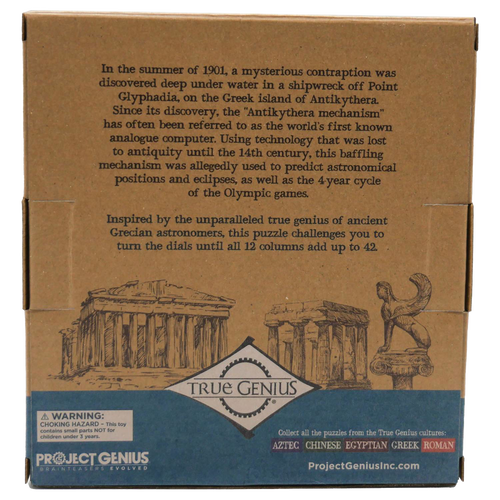 Cardboard packaging featuring detailed text about the Grecian Computer brainteaser puzzle with ancient Greek temple illustrations, designed for Toys, Books & Games and Puzzles collections.