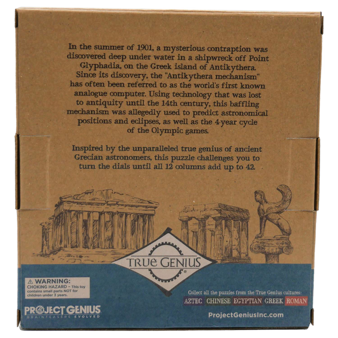 Cardboard packaging featuring detailed text about the Grecian Computer brainteaser puzzle with ancient Greek temple illustrations, designed for Toys, Books & Games and Puzzles collections.