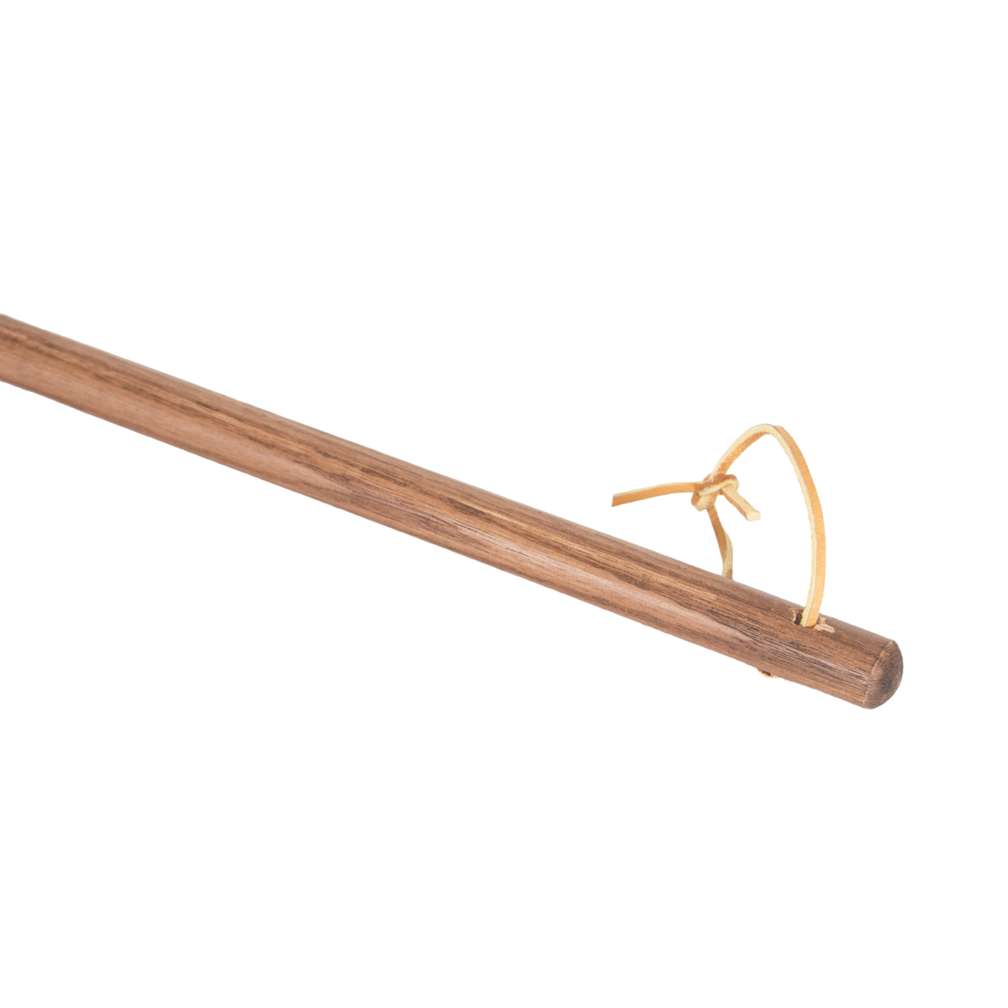 Close-up of the wooden handle of a handcrafted Amish broom featuring a natural leather loop, part of USA Made and Hearth Accessories collections.