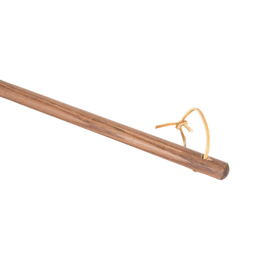 Close-up of the wooden handle of a handcrafted Amish broom featuring a natural leather loop, part of USA Made and Hearth Accessories collections.