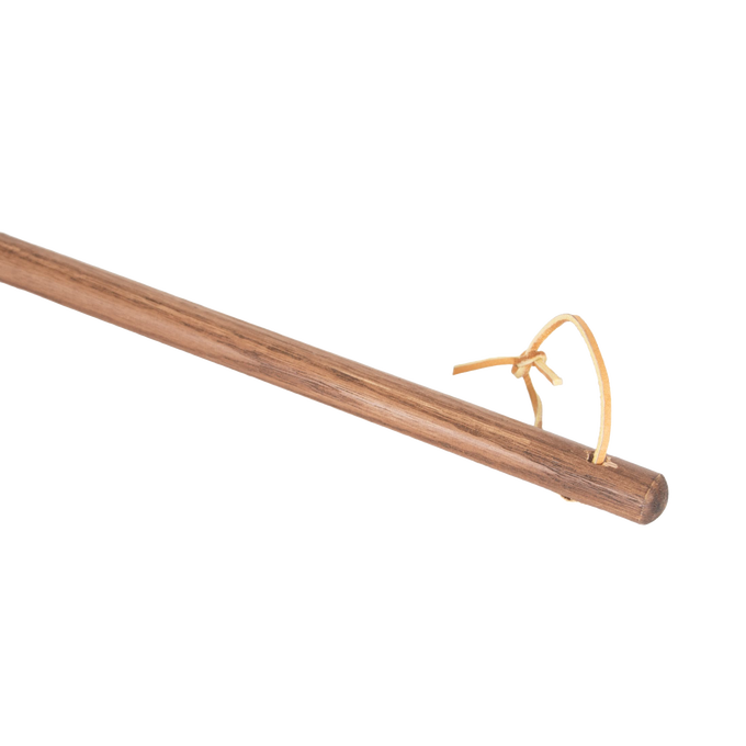 Close-up of the wooden handle of a handcrafted Amish broom featuring a natural leather loop, part of USA Made and Hearth Accessories collections.