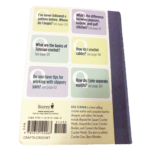 Back cover of a crocheting guidebook featuring questions and page references on patterns, stitches, cables, and yarn tips, designed for Home & Decor, Toys, Books & Games, and Sewing and Quilting collections.