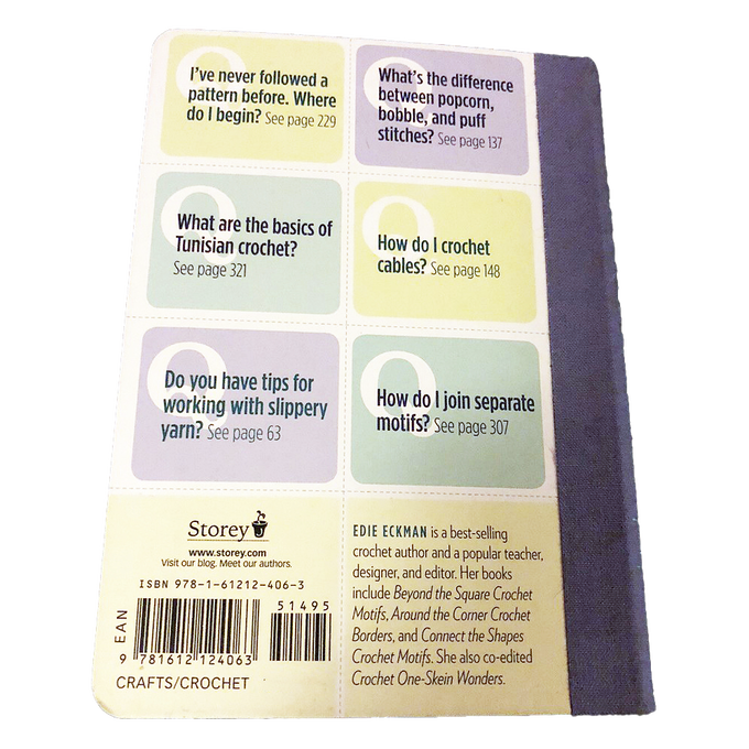 Back cover of a crocheting guidebook featuring questions and page references on patterns, stitches, cables, and yarn tips, designed for Home & Decor, Toys, Books & Games, and Sewing and Quilting collections.