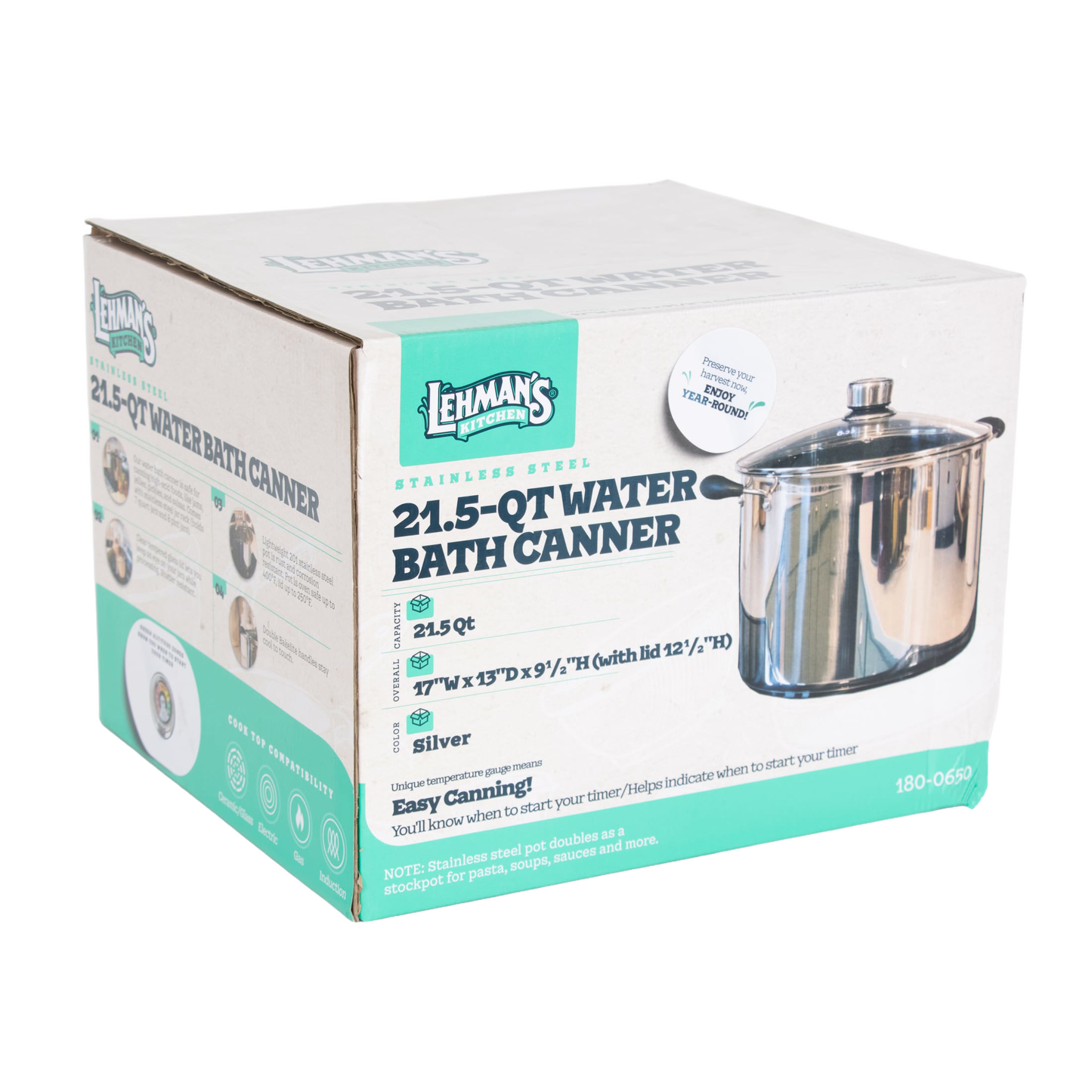 Handcrafted stainless steel 21.5-quart water bath canner with glass lid and side handles, designed for Kitchen & Food, Food Preservation, Canning, and Water Bath Canners collections.