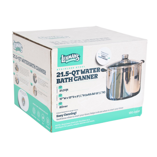 Handcrafted stainless steel 21.5-quart water bath canner with glass lid and side handles, designed for Kitchen & Food, Food Preservation, Canning, and Water Bath Canners collections.
