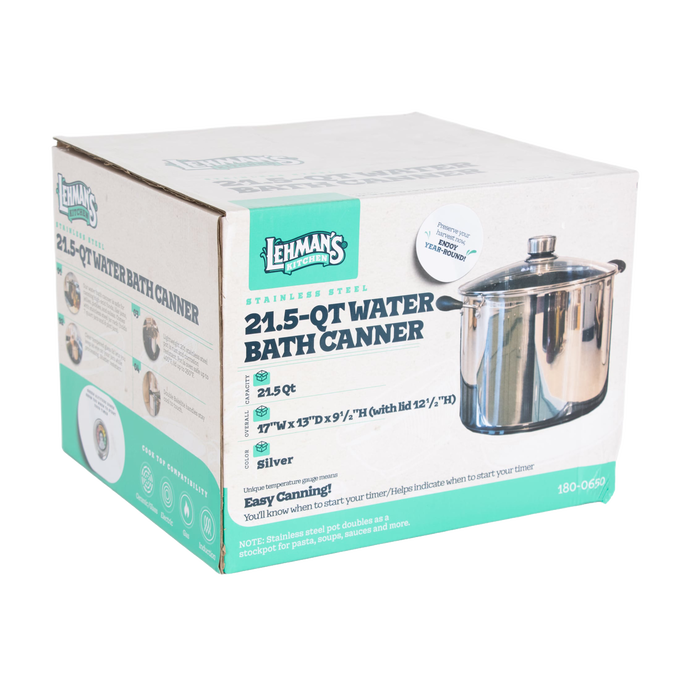 Handcrafted stainless steel 21.5-quart water bath canner with glass lid and side handles, designed for Kitchen & Food, Food Preservation, Canning, and Water Bath Canners collections.