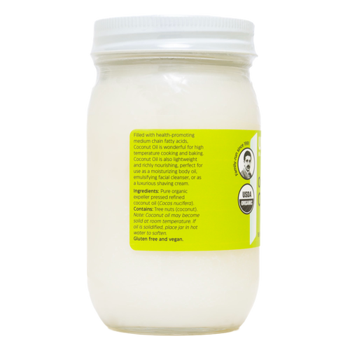 Handcrafted jar of premium coconut oil highlighting medium chain fatty acids, USDA organic certified, made in USA, featured in Health & Wellness, Kitchen & Food, Health Remedies, Pantry, Gluten Free, and Best Sellers collections.