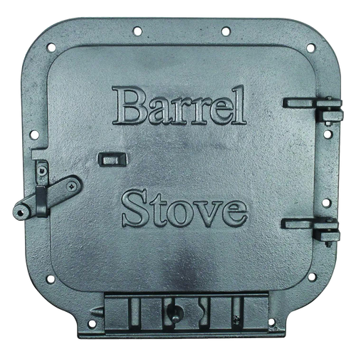 Handcrafted cast iron stove door embossed with "Barrel Stove" text, featuring sturdy latch mechanisms and mounting holes, designed for Stoves, Hearth Accessories, and Heatstoves collections.