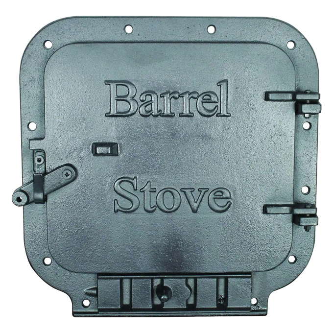 Handcrafted cast iron stove door embossed with "Barrel Stove" text, featuring sturdy latch mechanisms and mounting holes, designed for Stoves, Hearth Accessories, and Heatstoves collections.