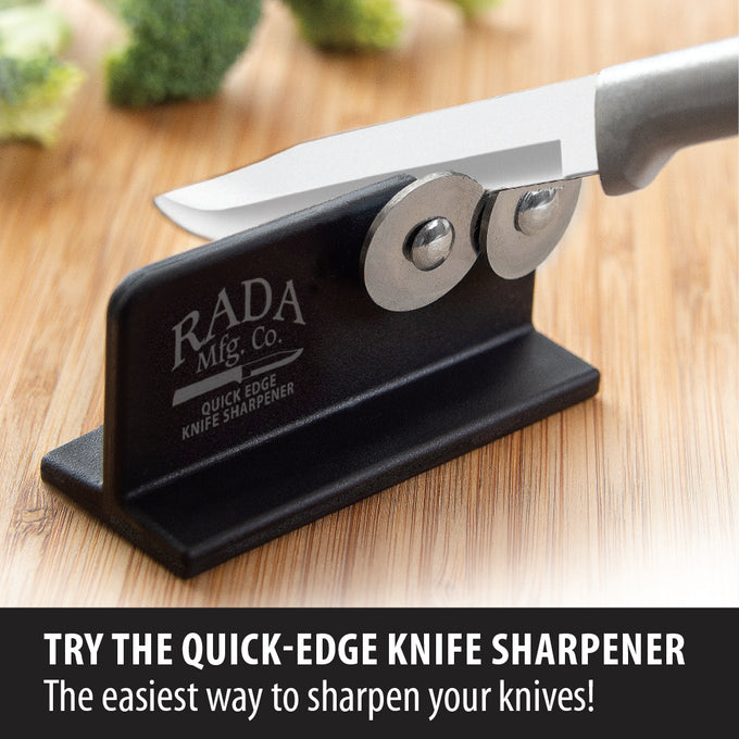 Black compact knife sharpener with reinforced nylon base and two polished sharpening wheels, handcrafted in USA, ideal for kitchen, food prep, and sharpening tools.